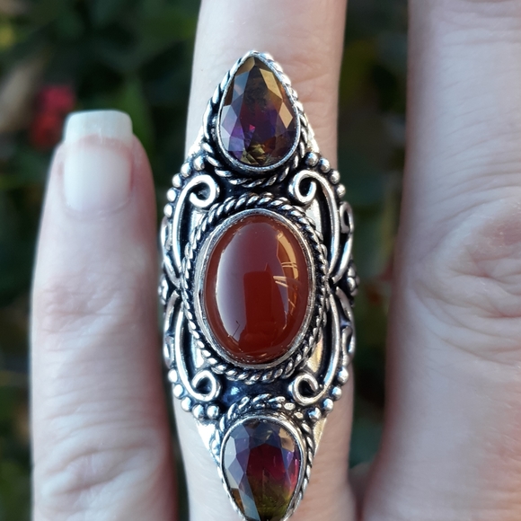 New Amazing Carnelian & Bi-Color Tourmaline 925 Silver Statement Ring. - Picture 5 of 8